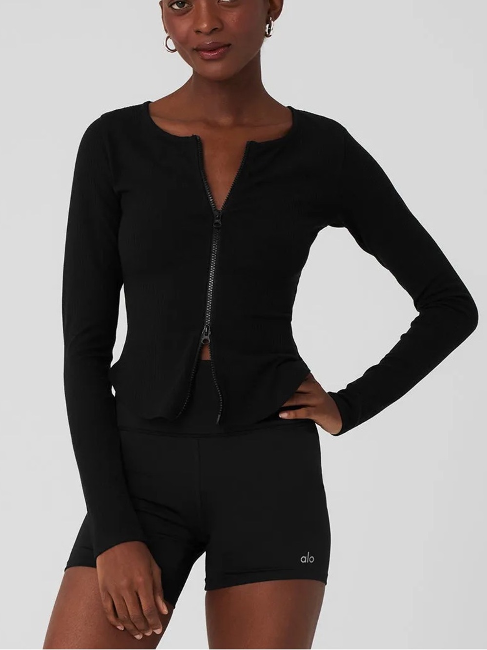 Alo Yoga Ribbed Stardust Long Sleeve Zip Top size Small in Black